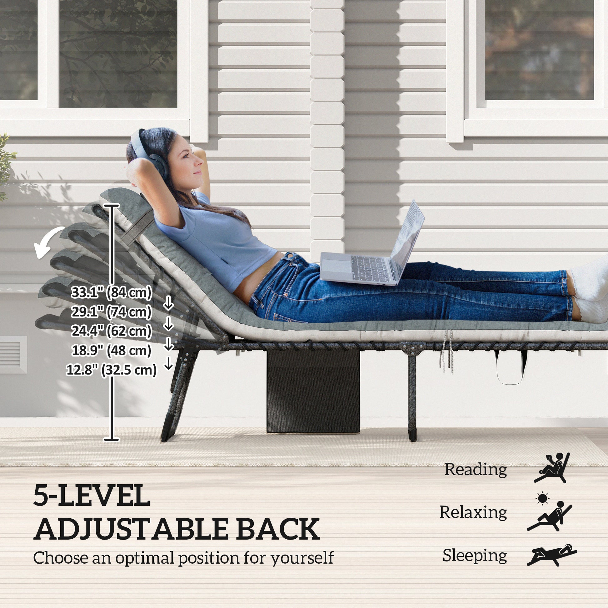 Outdoor Lounge Chair Set of 2, Folding Chaise Lounge Tanning Chair with Cushion, Side Pocket, Grey