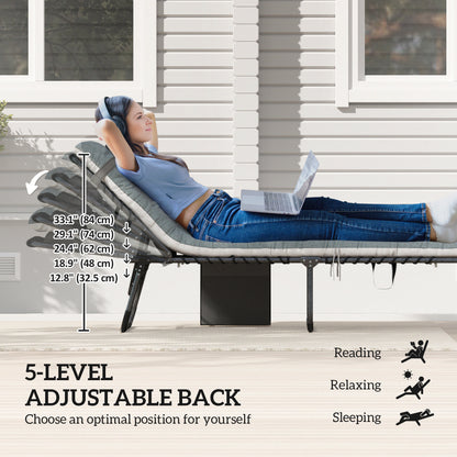 Outdoor Lounge Chair Set of 2, Folding Chaise Lounge Tanning Chair with Cushion, Side Pocket, Grey
