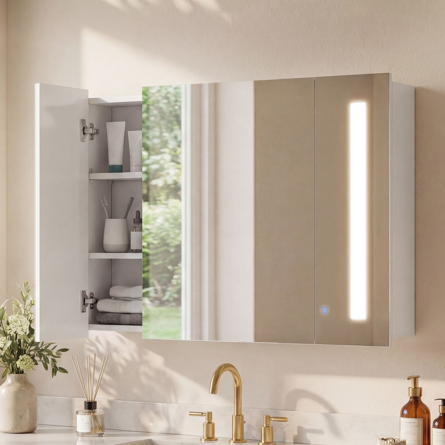 Medicine Cabinet with Mirror, Wall Mounted Bathroom Mirror Cabinet with Adjustable Shelf, USB Charge, High Gloss White