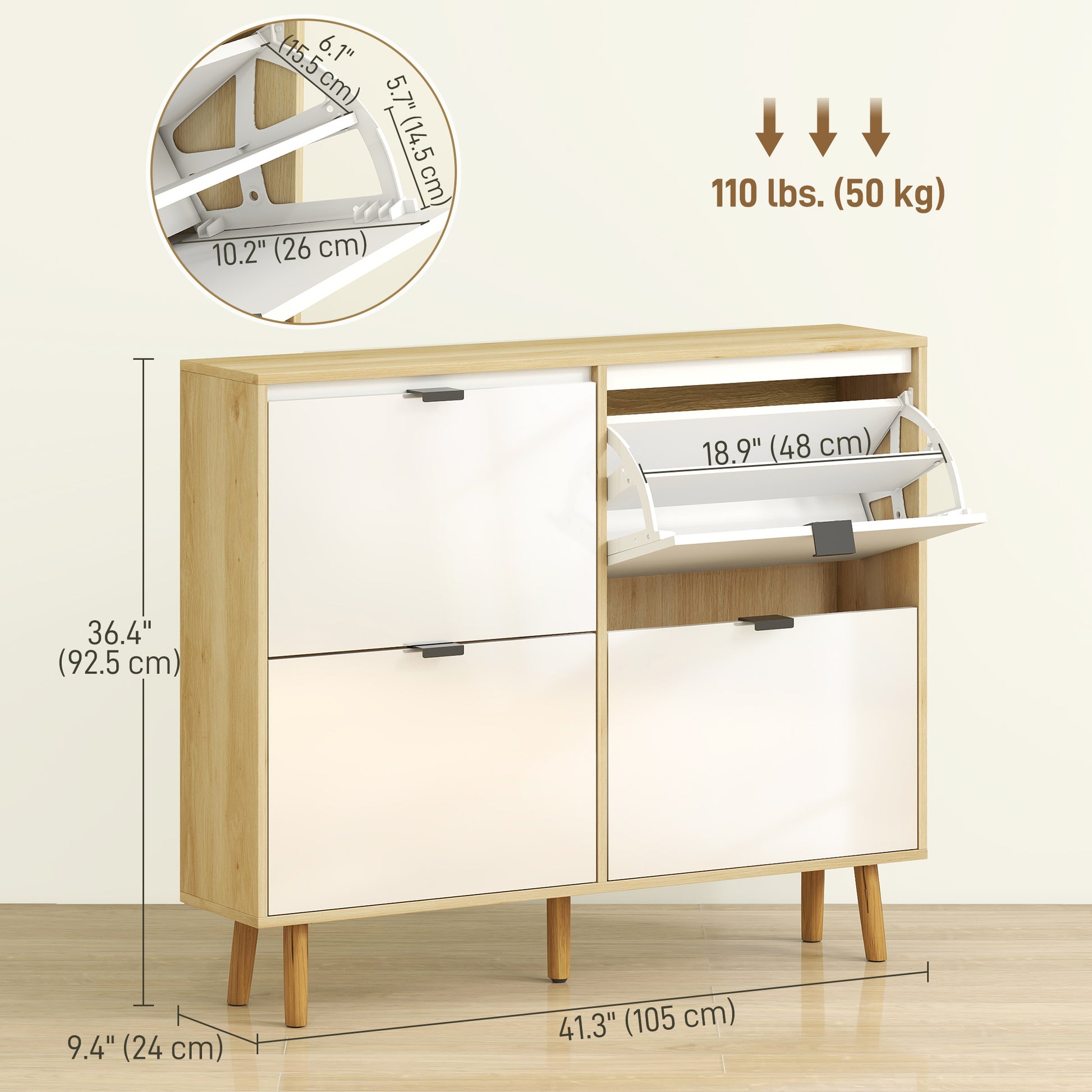 Narrow Shoe Cabinet, High Gloss Shoe Storage Cabinet with 4 Flip Drawers and Adjustable Shelves, Holds 20 Pairs, White
