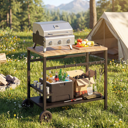 Outdoor Grill Cart, 2-Tier Pizza Oven Stand, BBQ Stand with Beverage Holder, Hooks, Wheels, Black and Brown