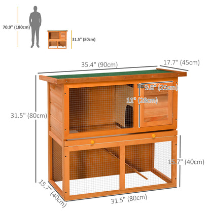Wooden Rabbit Hutch, Indoor Outdoor Bunny Cage with Run, 2- Level Guinea Pig House with Slide-Out Tray, Waterproof Roof, Yellow