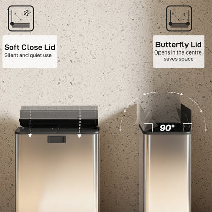 Dual Trash Can with Soft-Close Lid, Garbage Can with Removable Inner Bucket for Kitchen 14.8gal, Silver