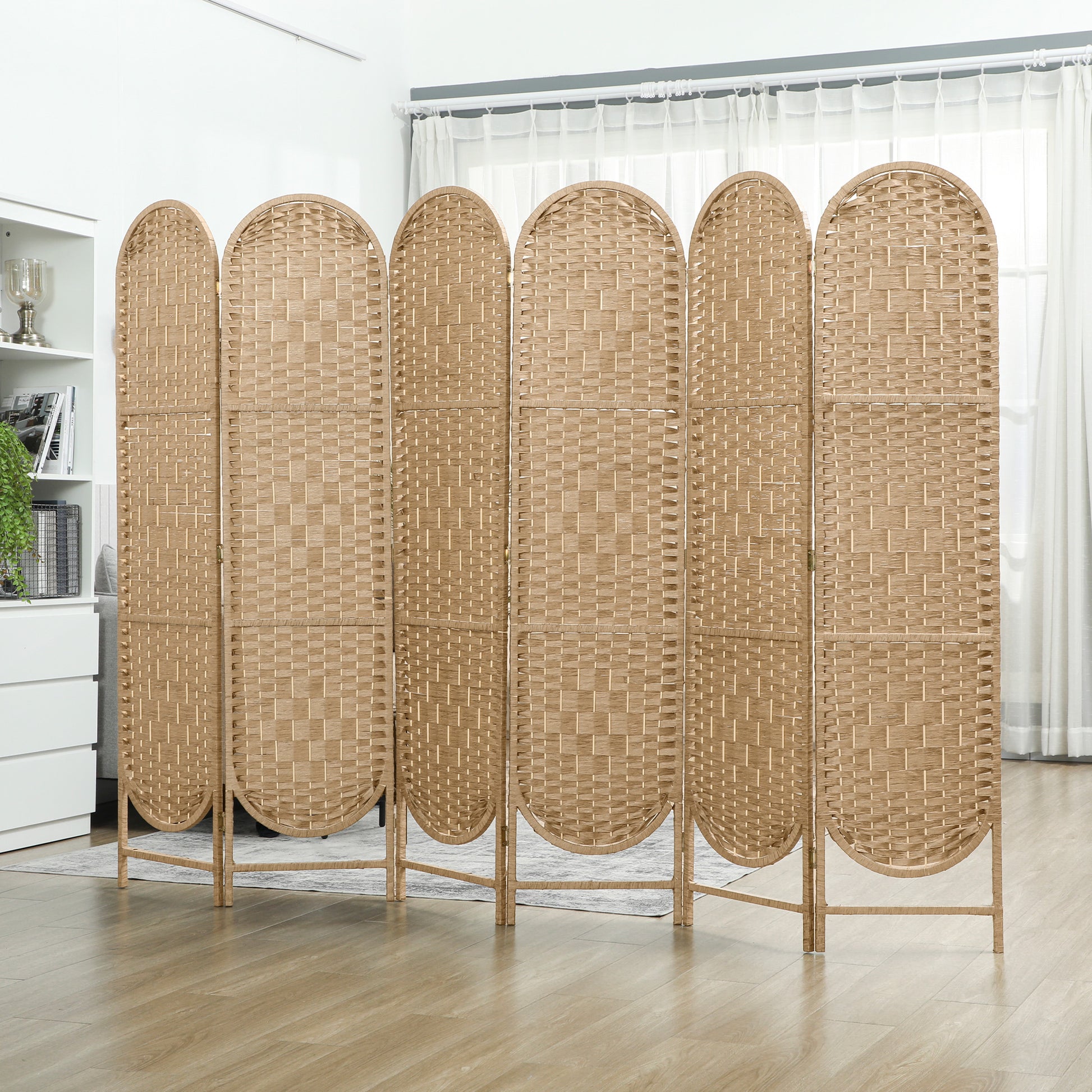 Bohemian Privacy Screen, Folding Room Divider with 6 Panels and Arched Top for Bedroom Living Room Office, Natural Wood