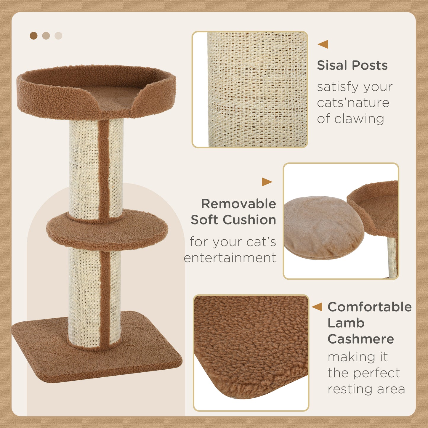 Cat Tree Kitty Tower with Sisal Mat Scratching Post, Cat Bed, Cushion, Perch, 18" x 18" x 36", Brown
