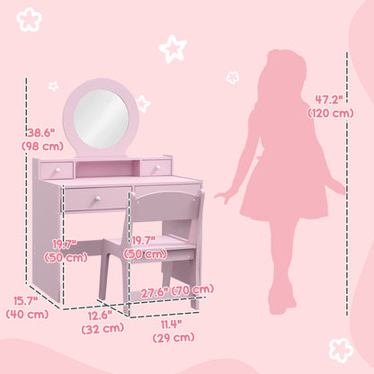 Qaba Kids Vanity Set, Children Makeup Table with Mirror, Stool and Storage Drawers, for Ages 3-8, Pink