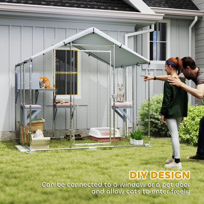 79" Extra Large Metal Outdoor Catio with Waterproof Cover, Resting Box, 4 Platforms, for Multiple Rabbits, Chicken