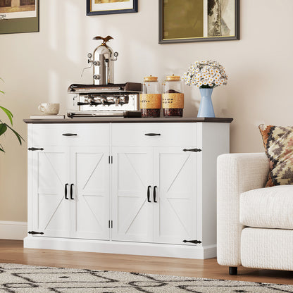 55" Buffet Cabinet, Farmhouse Sideboard with 1.2" Thick Top, 4 Barn Doors, 2 Drawers and 2 Adjustable Shelves, White