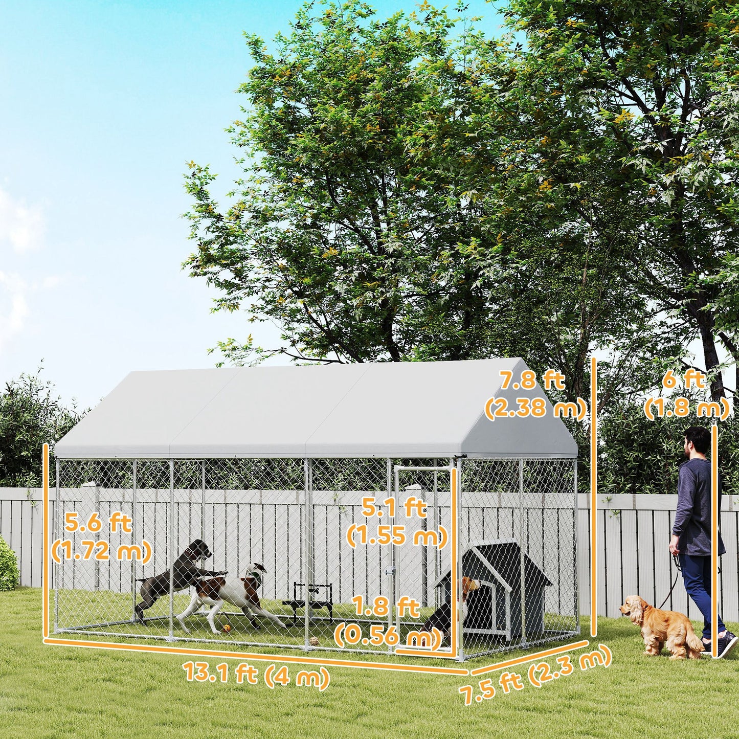 Galvanized Steel Outdoor Dog Kennel with Roof, Safety Lock, for Backyard, 13.1' x 7.5' x 7.8'