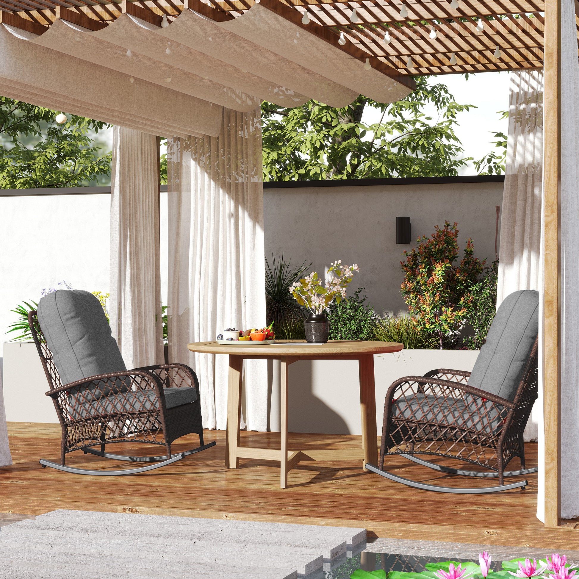 Outdoor Wicker Rattan Rocking Chair Set of 2, Patio Rocker with Thick Cushions for Garden Backyard Porch, Grey