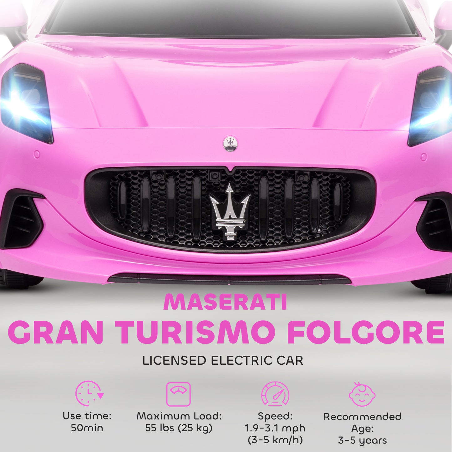 Qaba 12V Maserati Gran Turismo Licensed Kids Electric Car w/ Remote Control, Soft Start, LED Lights, Music, Horn, MP3, Pink