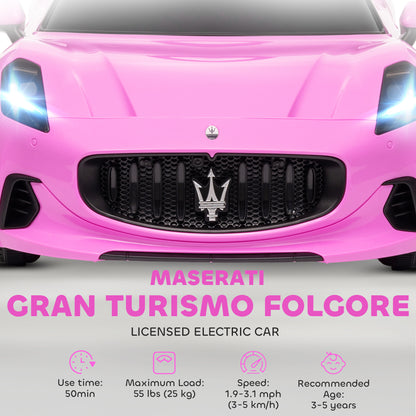 Qaba 12V Maserati Gran Turismo Licensed Kids Electric Car w/ Remote Control, Soft Start, LED Lights, Music, Horn, MP3, Pink