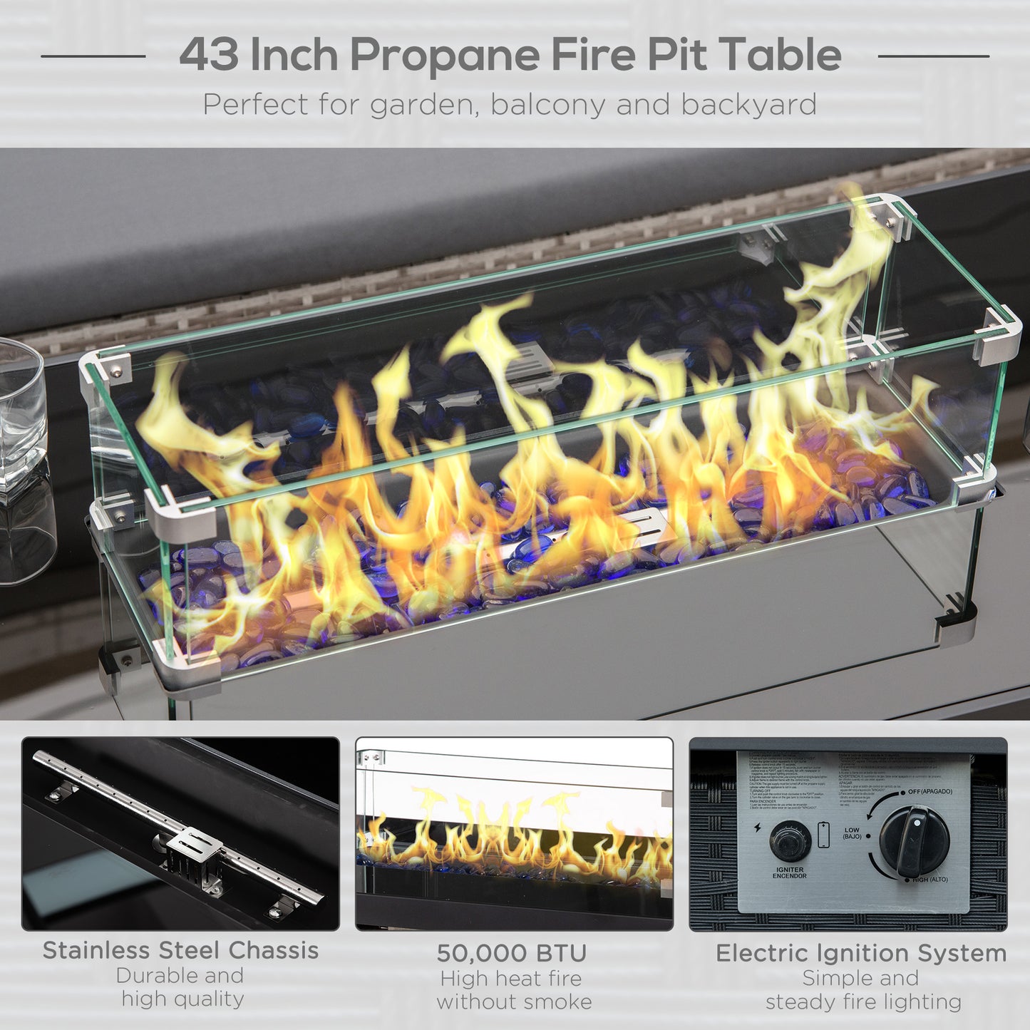 Propane Fire Pit Table 43in Outdoor Fire Table, 50,000 BTU Pulse-Ignition Wicker Firepit Furniture with Glass Wind Guard, Blue Glass Rock, CSA Certification, Black