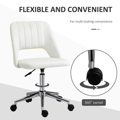 Mid Back Office Chair Velvet Fabric Swivel Scallop Shape Computer Desk Chair, Cream White