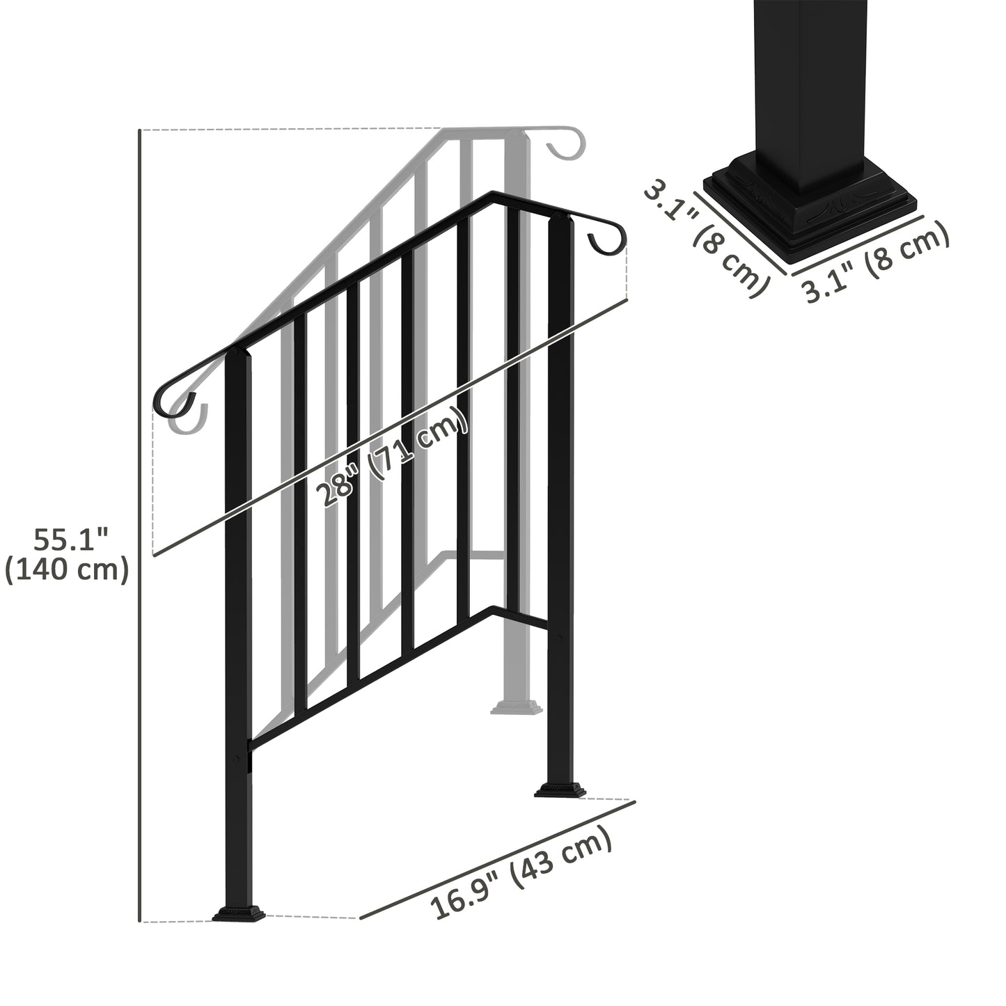 2-3 Step Handrails for Outdoor Steps, Metal Outdoor Stair Railing, Porch Deck Railing with Installation Kit, Black