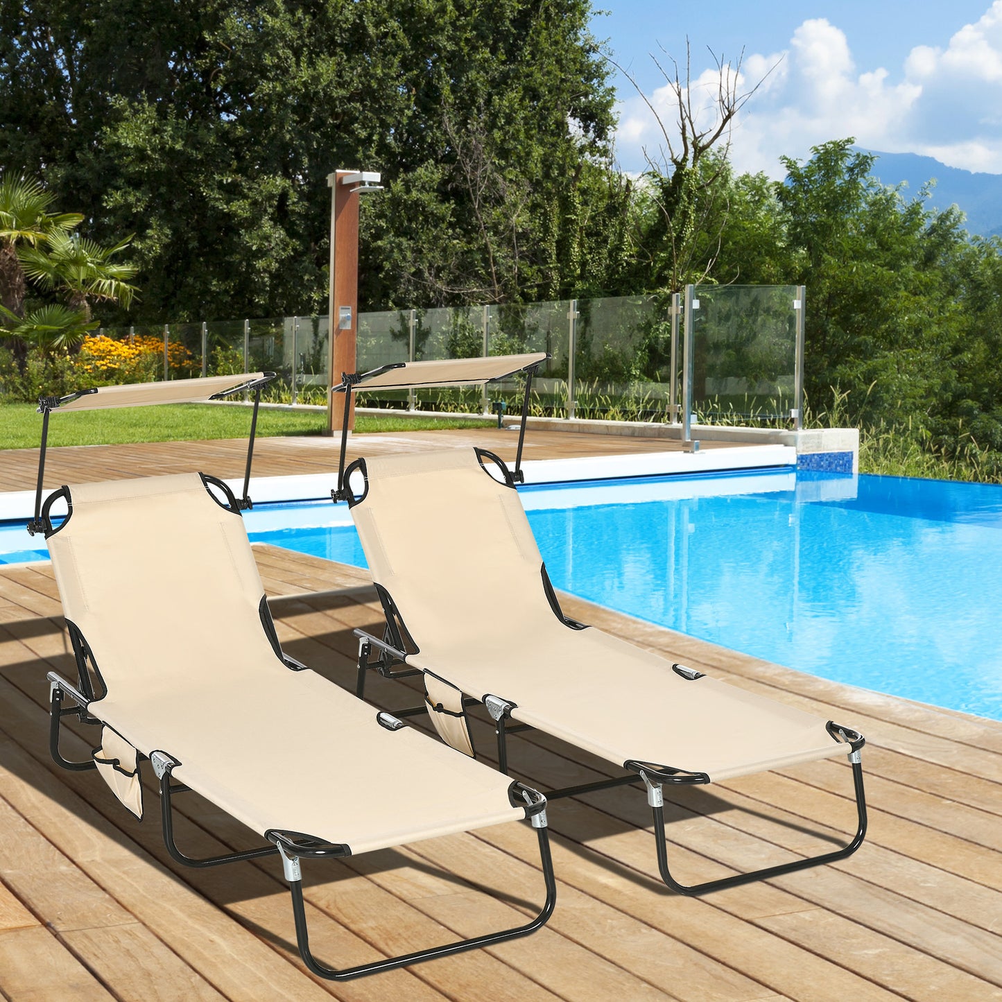 2 Piece Folding Outdoor Chaise Lounges, Pool, Sun, Tanning Chairs with Reclining Back, Sunshade for Beach, Patio, Tan