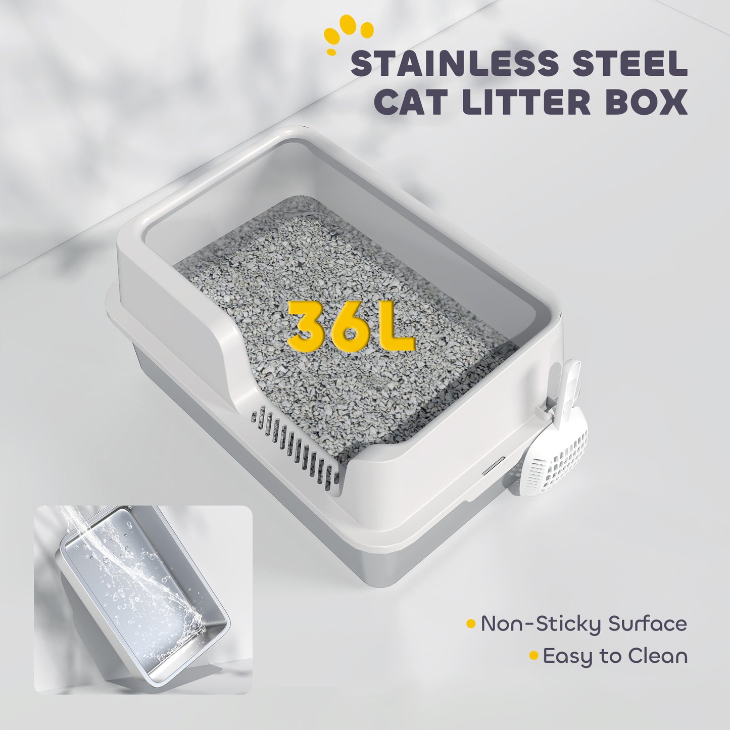 Stainless Steel Cat Litter Box with Lid with Scoop, High Sided, Non-Stick, & Anti-Urine Leakage, Easy Cleaning