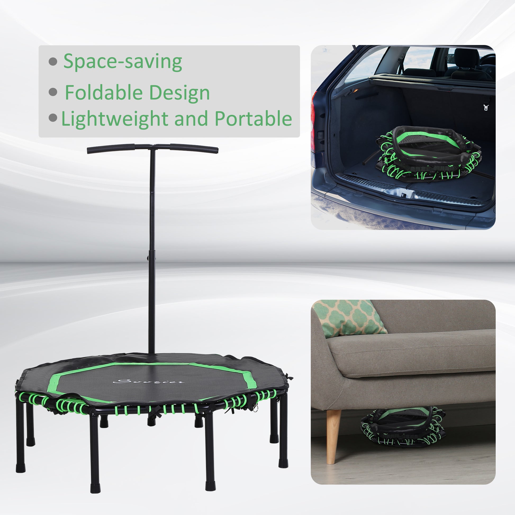 Soozier 48" Mini Trampoline, Foldable Trampoline with Adjustable Handle Bar for Adults Exercise, Workout, Fitness, Green