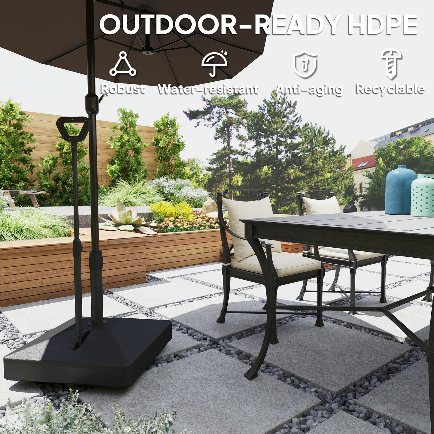 Square Plastic Patio Umbrella Base with Adjustable Wheels, Handle, Outdoor Patio Umbrella Stand, Filled Up to 121lb with Stand, 99lb with Water for Garden Poolside, Black