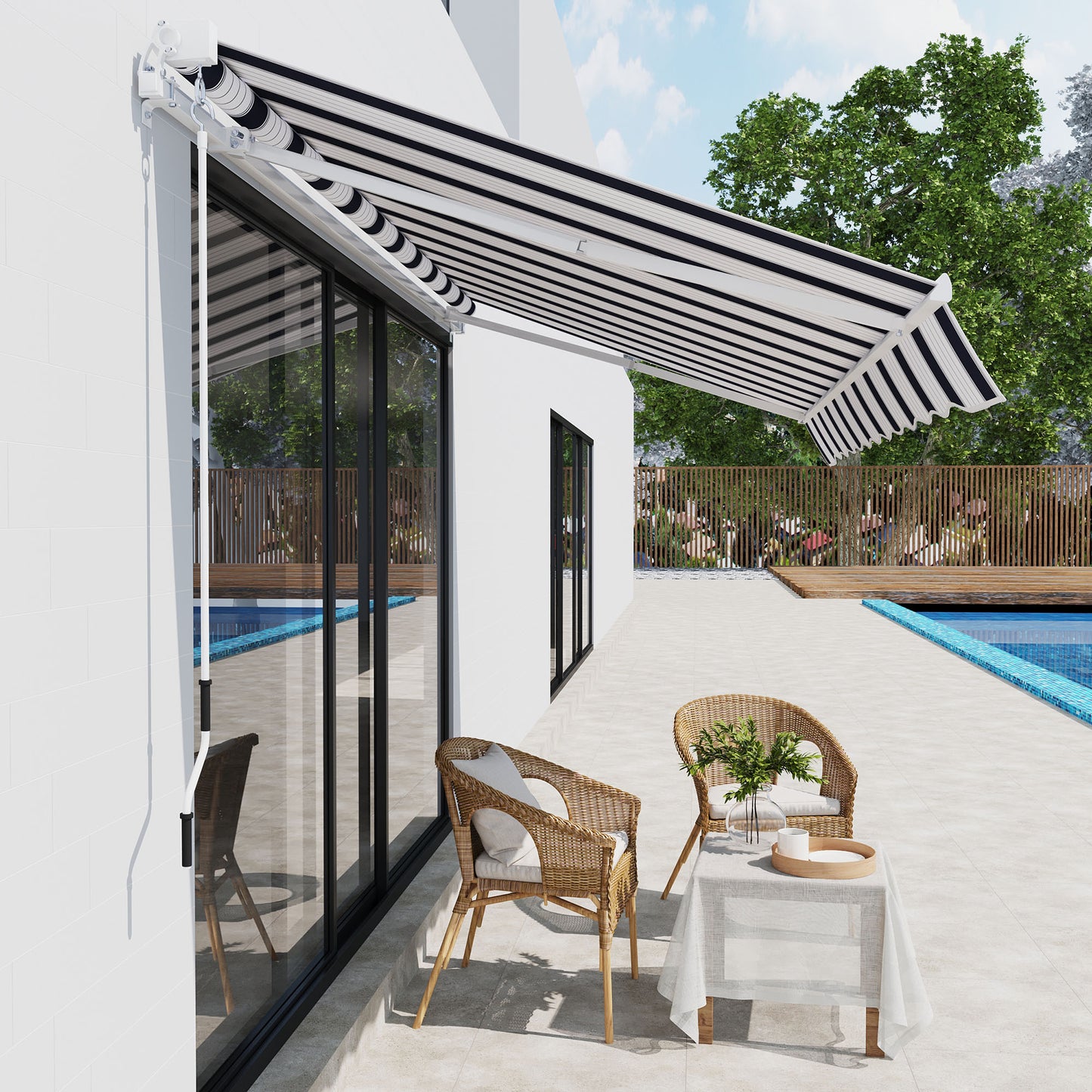 8' x 7' Retractable Awning, Patio Awnings, Sunshade Shelter with 280 g/m² UV & Water-Resistant Fabric and Aluminum Frame for Deck, Balcony, Yard, Blue and White