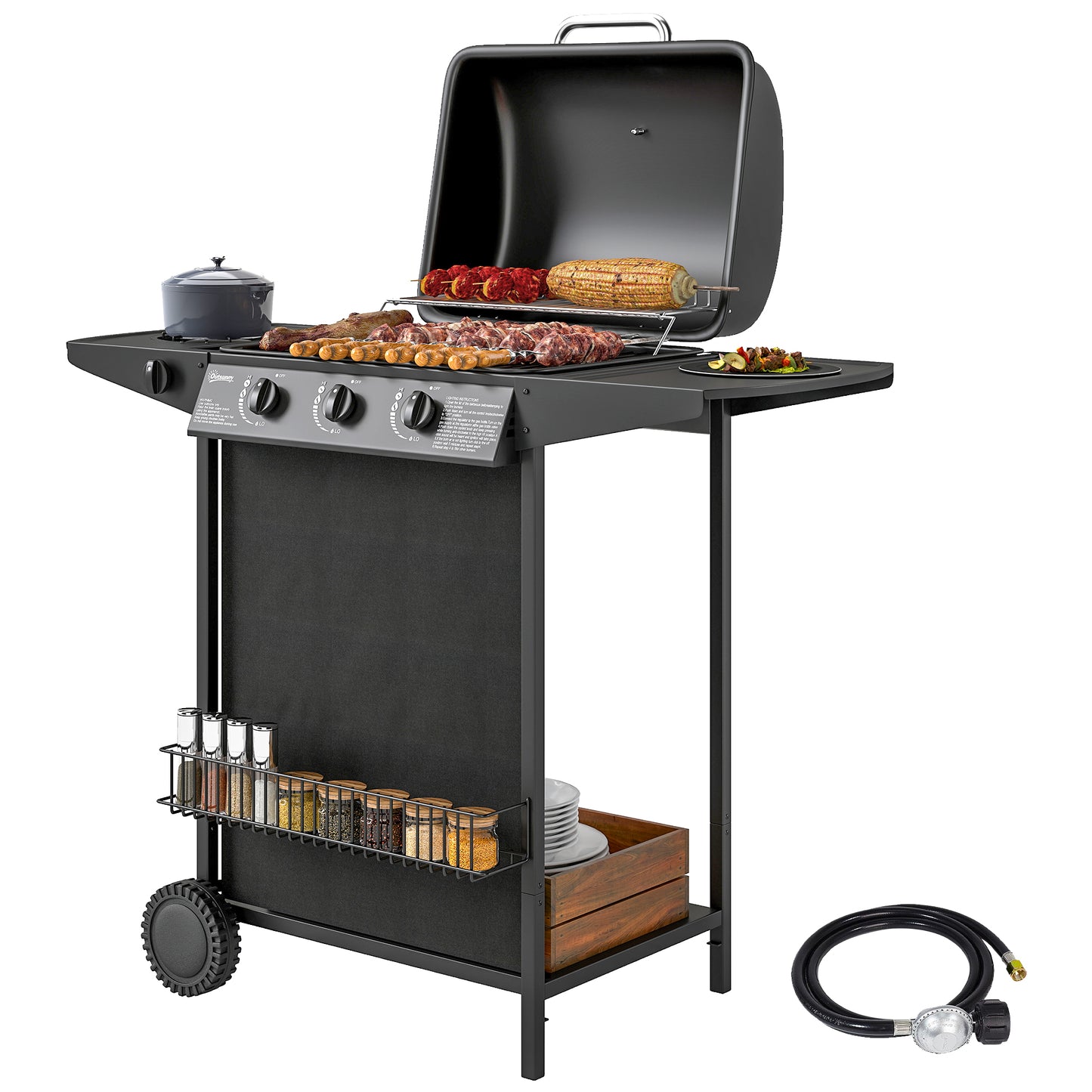 3+1 Burner Propane Gas BBQ Grill, Portable Gas Barbecue Grill with Side Burner, Thermometer, Lid, Side Table, Shelf, Spice Rack, Wheels, Grease Cup for Garden, Black