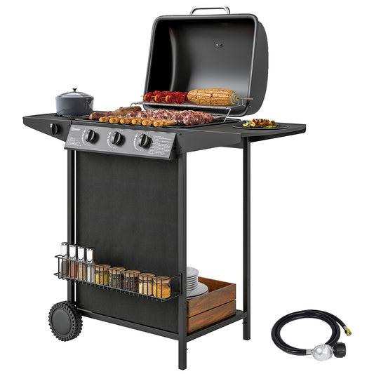 3+1 Burner Propane Gas BBQ Grill, Portable Gas Barbecue Grill with Side Burner, Thermometer, Lid, Side Table, Shelf, Spice Rack, Wheels, Grease Cup for Garden, Black