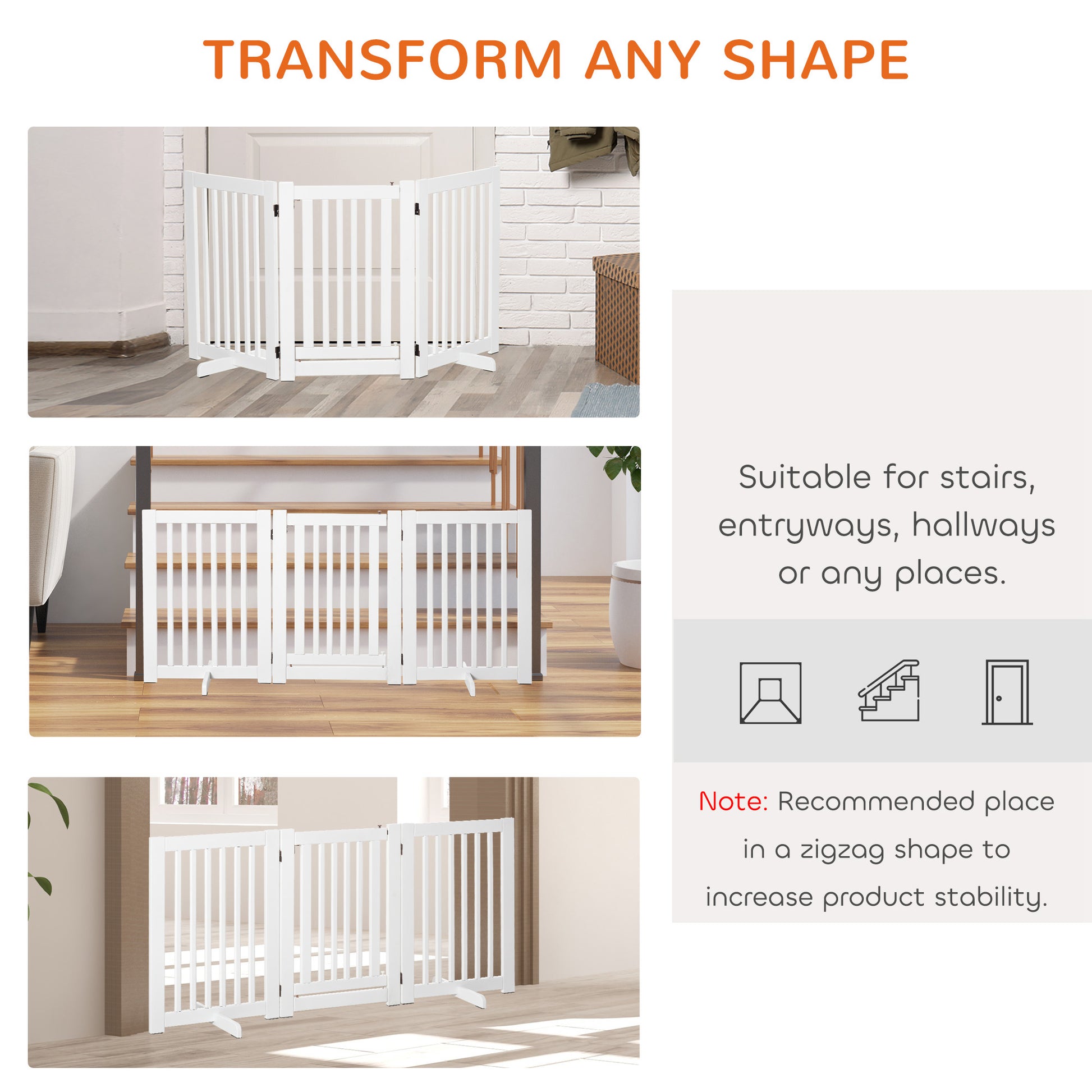 Free Standing Wood Pet Gate Indoor Dog Barrier 3 Panel Folding Z Shape Doorway