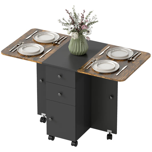 Drop Leaf Dining Table, Mobile Folding Table on Wheels with Drawers and Cabinet for Dining Room, Rustic Brown and Black