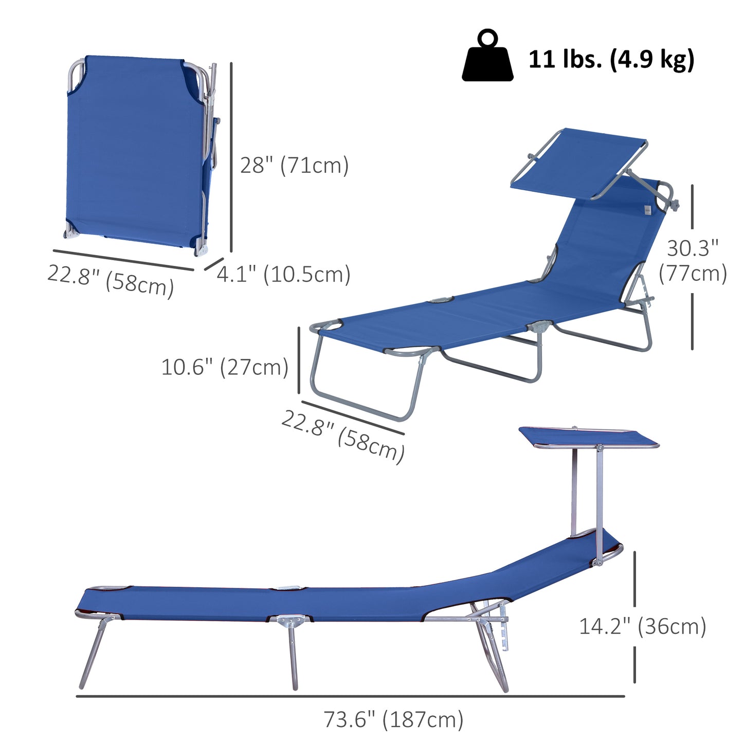 Outdoor Lounge Chair, Adjustable Folding Chaise Lounge, Tanning Chair with Sun Shade for Beach, Camping, Hiking, Backyard, Blue