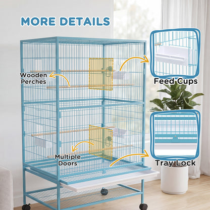 52'' Large Rolling Steel Bird Cage Bird House with Rolling Stand, Storage Shelf, Wood Perch, Food Container, Light Blue