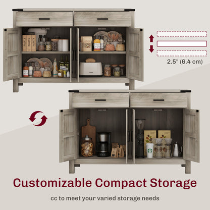 Side Cabinet, Farmhouse Kitchen Storage Cabinet w/ 2 Drawers and Shelves for Living Room, Entryway, Grey