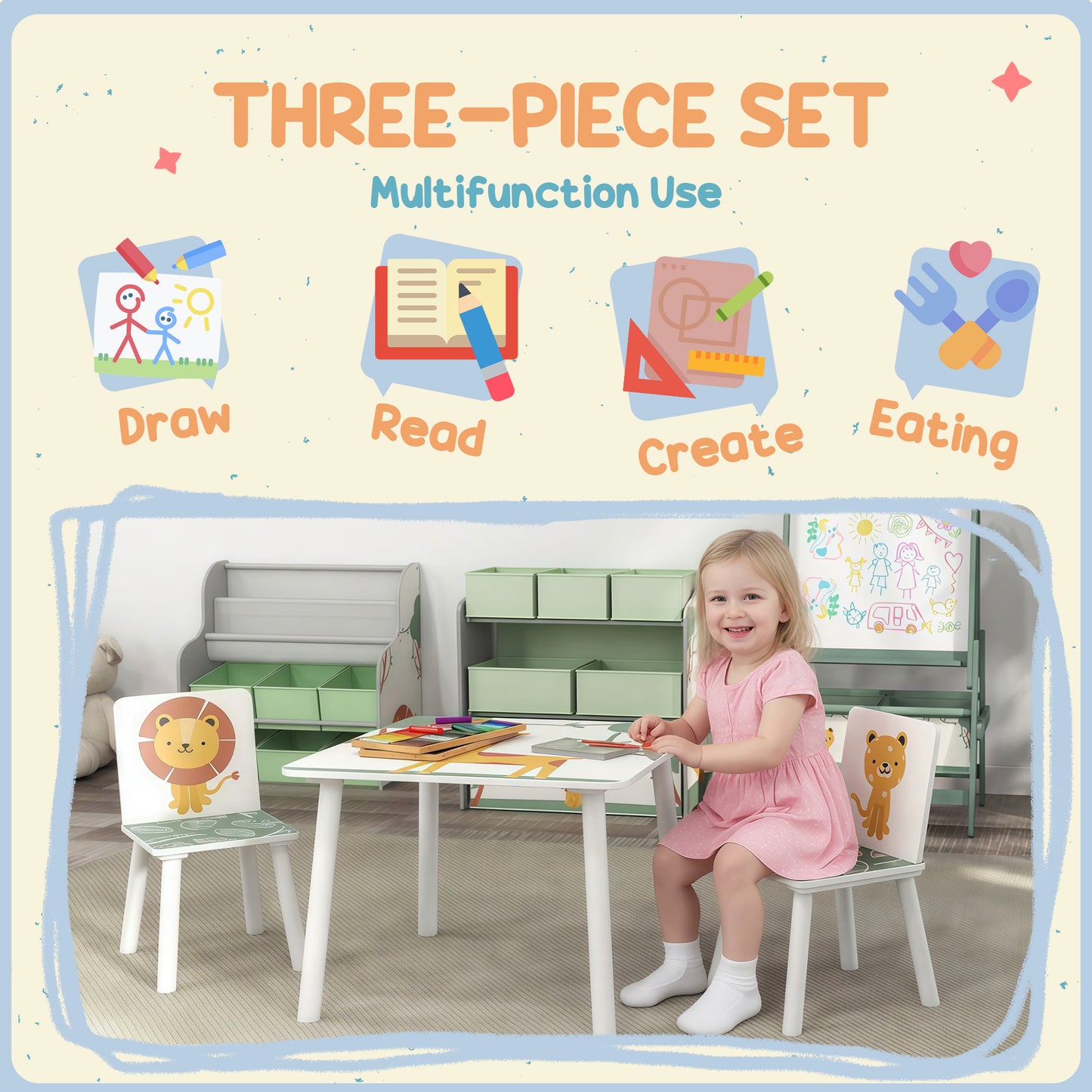 Qaba 3-Piece Kids Table and Chair Set with Animal Pattern for Boys and Girls Aged 3-8, Bedroom, Nursery, Playroom, Green