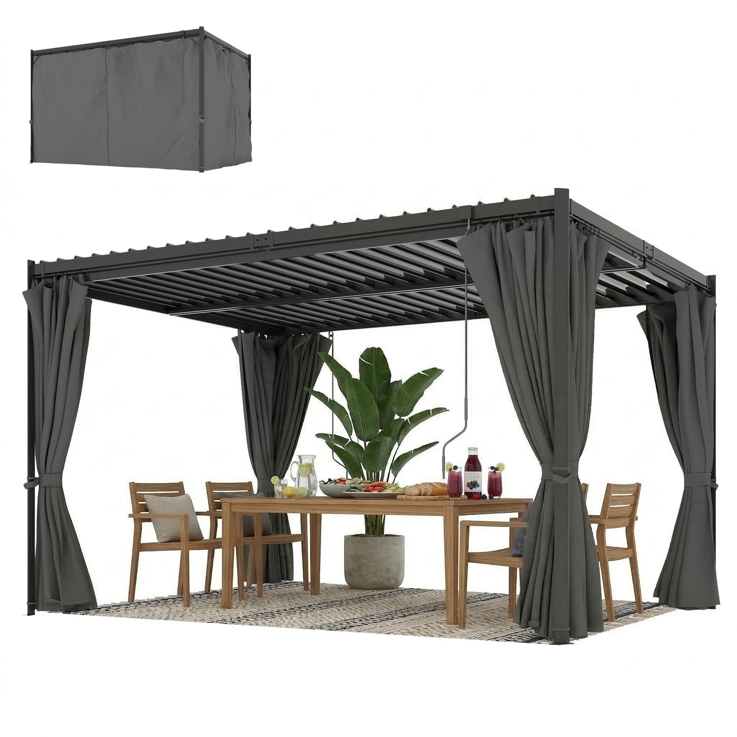 10 x 13 ft Louvered Pergola with Steel Roof, Curtains, Outdoor Metal Pergola Gazebo with Drainage Gutters, Grey