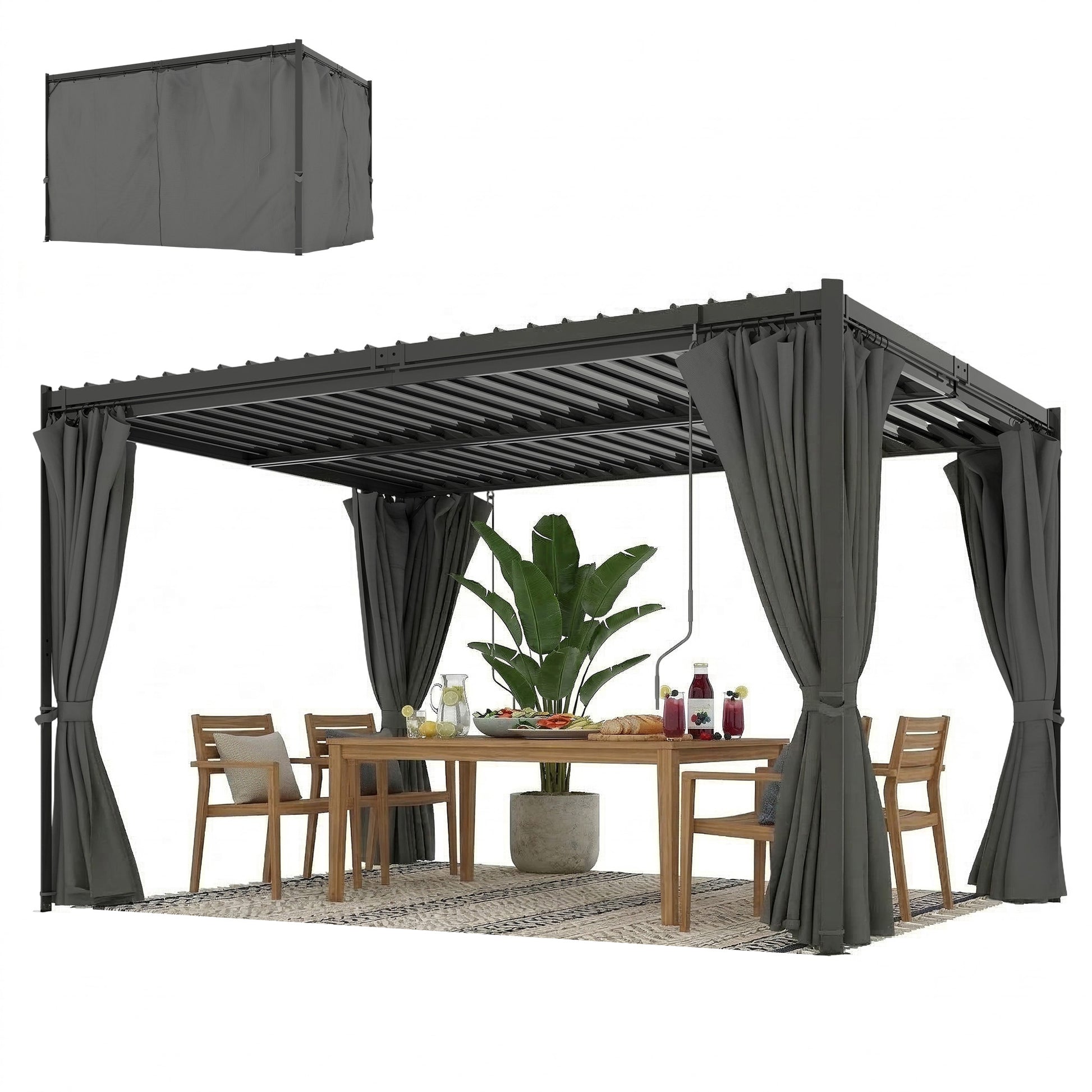 10 x 13 ft Louvered Pergola with Steel Roof, Curtains, Outdoor Metal Pergola Gazebo with Drainage Gutters, Grey