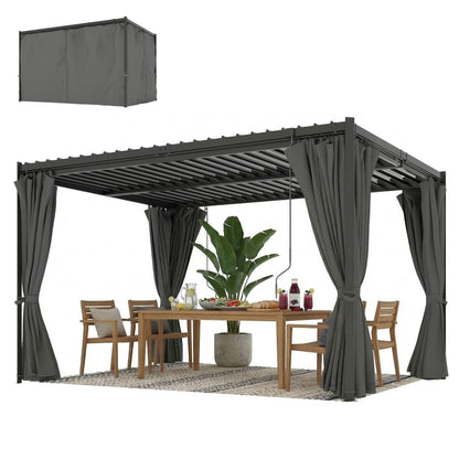 10 x 13 ft Louvered Pergola with Steel Roof, Curtains, Outdoor Metal Pergola Gazebo with Drainage Gutters, Grey