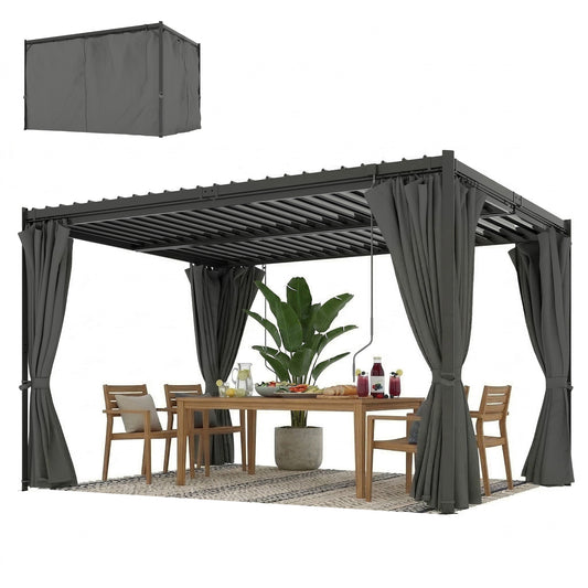 10 x 13 ft Louvered Pergola with Steel Roof, Curtains, Outdoor Metal Pergola Gazebo with Drainage Gutters, Grey