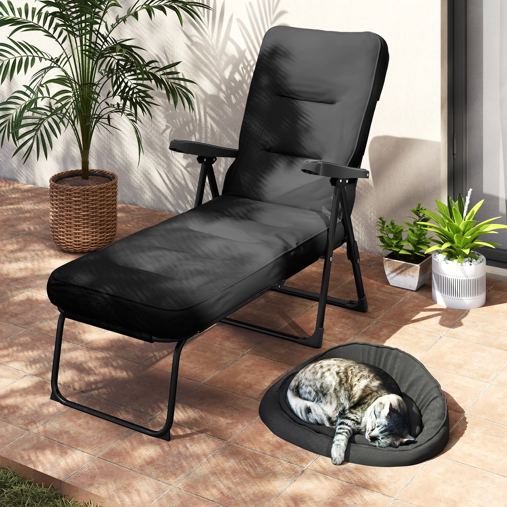 Folding Outdoor Lounge Chair with Cushion, Adjustable Backrest, Reclining Patio Garden Chair with Footrest, Black