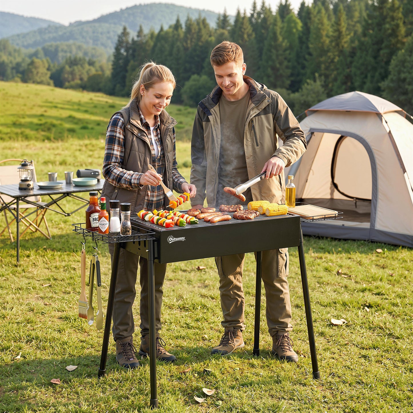 Portable BBQ Grill, Charcoal Grill with Side Seasoning Baskets, Hooks and Nets for Outdoor, Picnic, Camping, Black