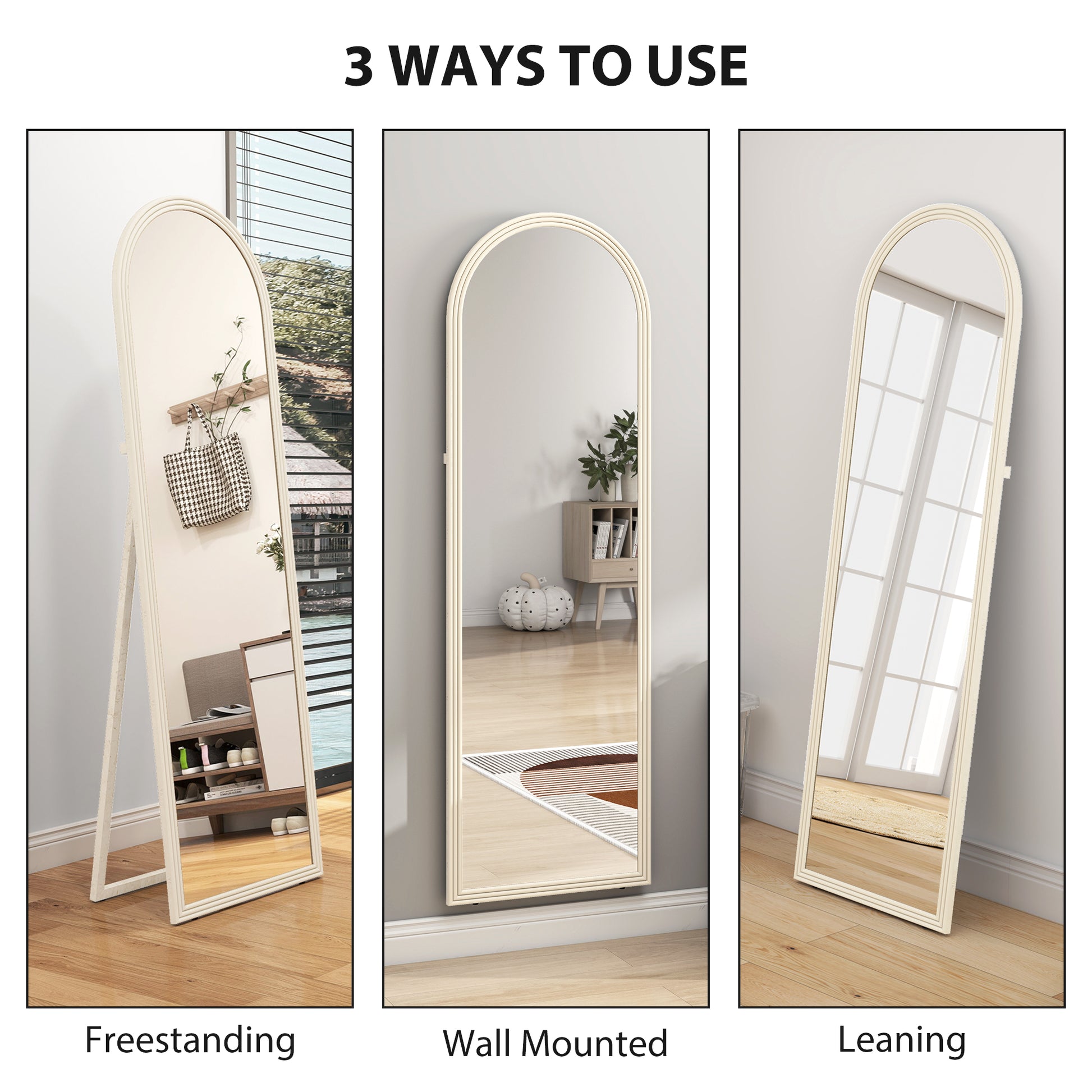 64" x 21" Full Length Mirror, Free Standing, Leaning or Wall, Arched Full Body Mirror with Faux Stone Frame, White
