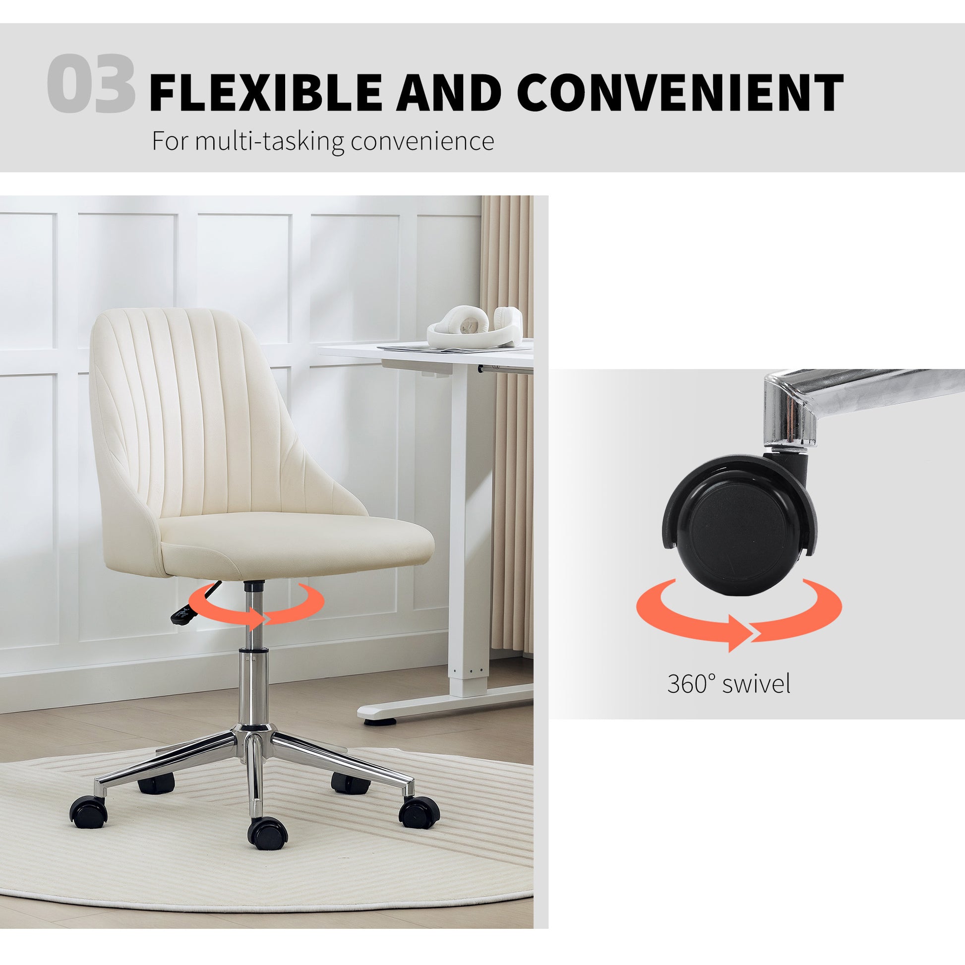 Vanity Chair for Makeup, Velvet Comfy Office Chair with Adjustable Height, Swivel Wheels for Bedroom, Living Room, Cream