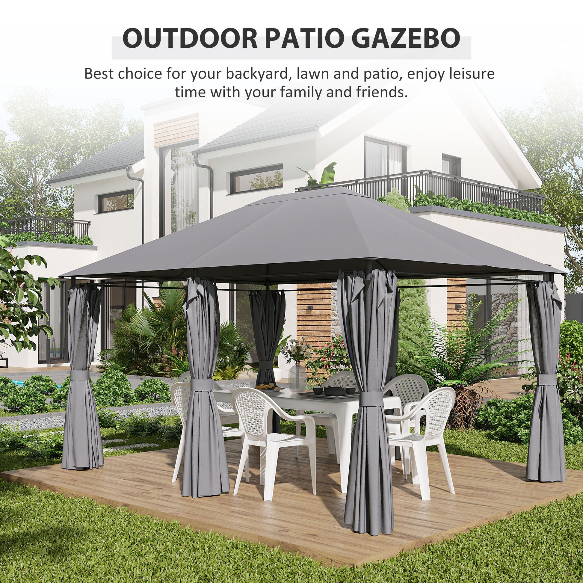 13'x 10' Soft-top Steel Patio Gazebo Canopy Party Tent with 6 Removable Curtains and Drainage Holes, Grey