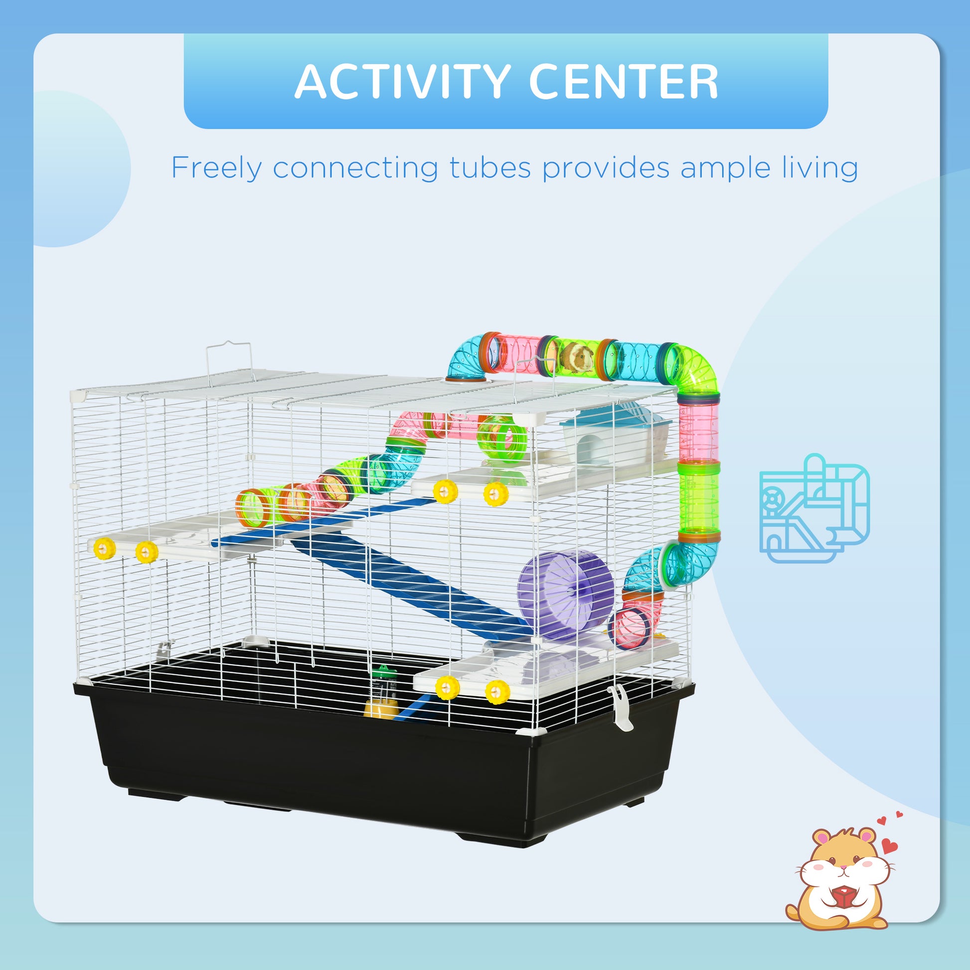 31" Large Hamster Cage, Small Animal House, Multi-storey Gerbil Haven, Tunnel Tube System, with Water Bottle, Exercise Wheel, Food Dish, Ramps, Black