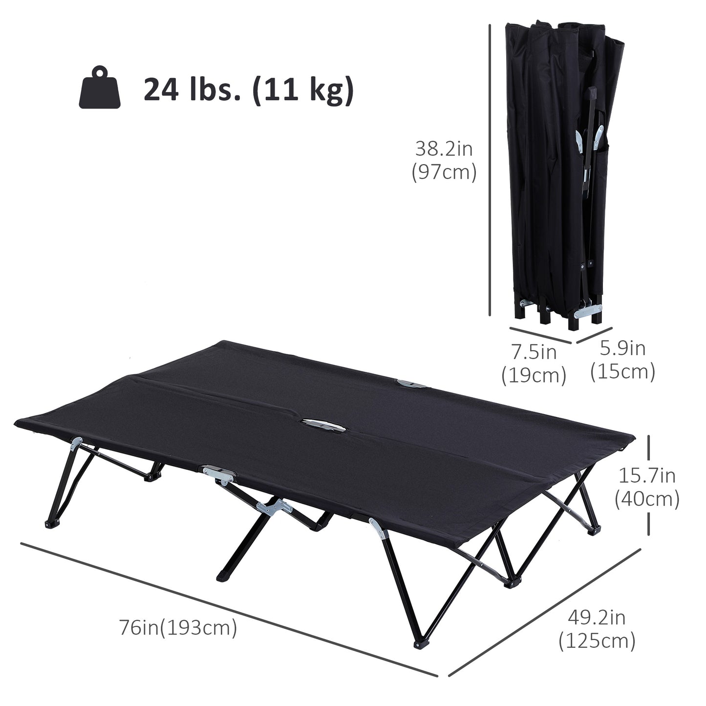 76" Two Person Folding Camping Cot Outdoor Portable Double Cot Wide Military Sleeping Bed w/ Carrying Bag Black