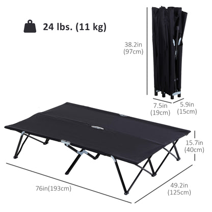 76" Two Person Folding Camping Cot Outdoor Portable Double Cot Wide Military Sleeping Bed w/ Carrying Bag Black
