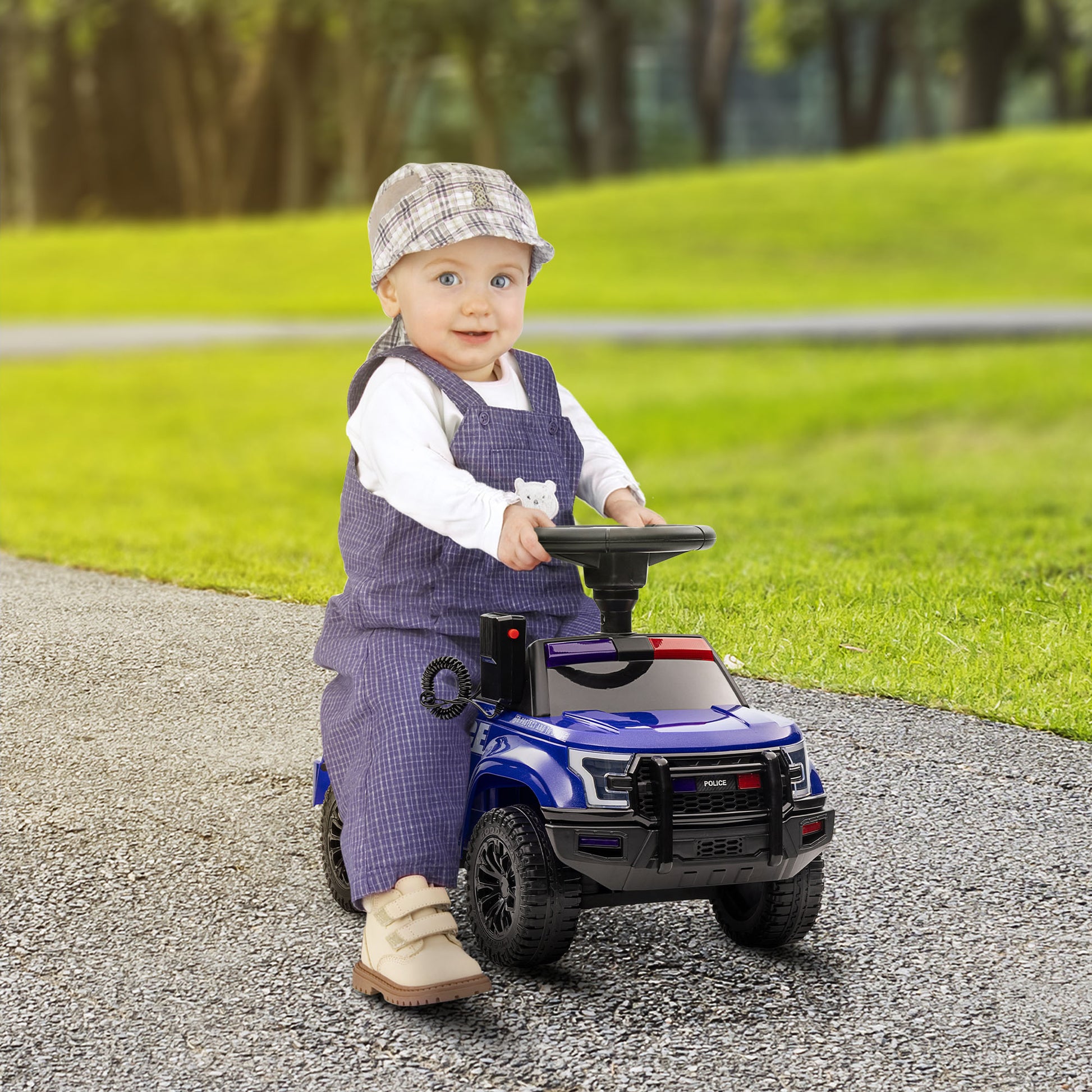 Aosom Kids Ride On Sliding Car with Hidden Under Seat Storage, Ride On Police Car for Toddler with Megaphone, Anti Dumping Device, Removable Backrest, Foot-to-Floor Design, Blue