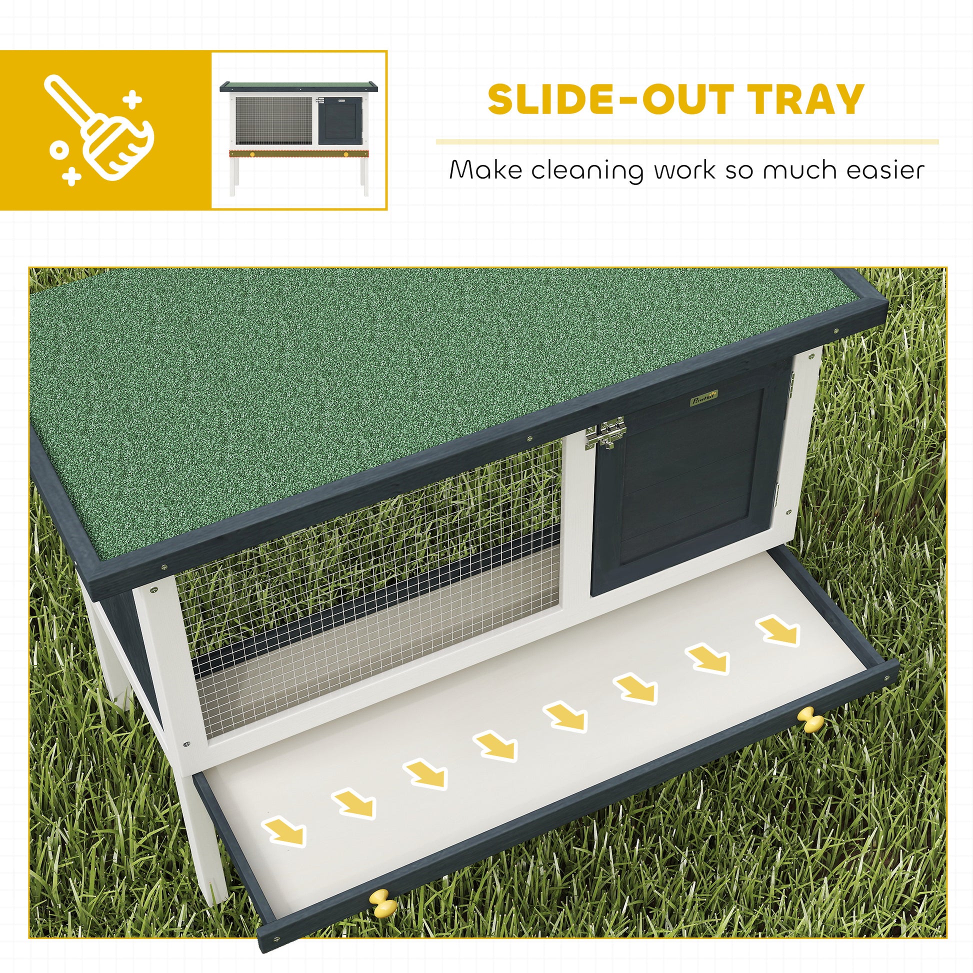 Wooden Outdoor Rabbit Hutch for Small Pet w/ Slide-out Tray, Openable Roof, 35" W x 18" D x 26" H, Dark Grey