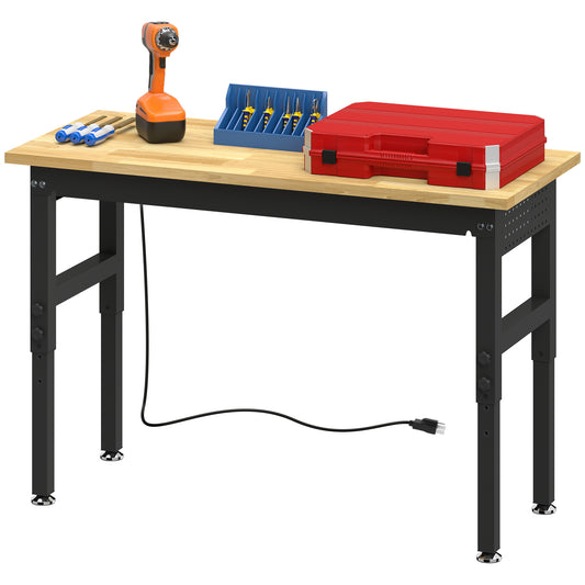 48" Adjustable Workbench, Heavy Duty Work Table with Rubber Wood Top, Power Outlets, Pegboard, 2000 LBS Capacity