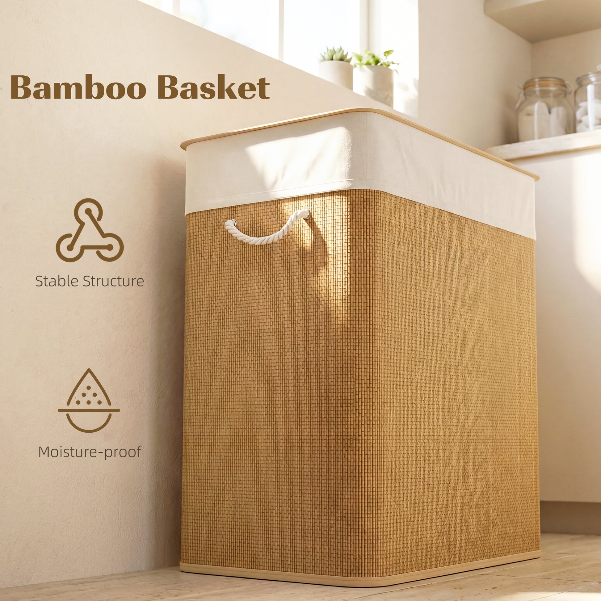 Double Laundry Basket with Lid, 100L Bamboo Laundry Hamper with Rope Handles and Removable Bags, Brown