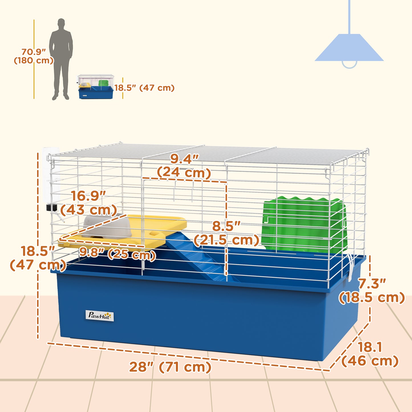 18.5" Small Animal Cage with Water Bottle, Food Dish, Platform, Ramp, Blue