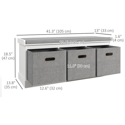 Shoe Storage Bench with Seat, Entryway Bench Seat with Cushion, 3 Fabric Drawers for Hallway, White